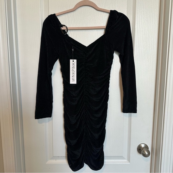 Minkpink | Chaima Black Ruched Mini Dress NWT - Picture 3 of 8